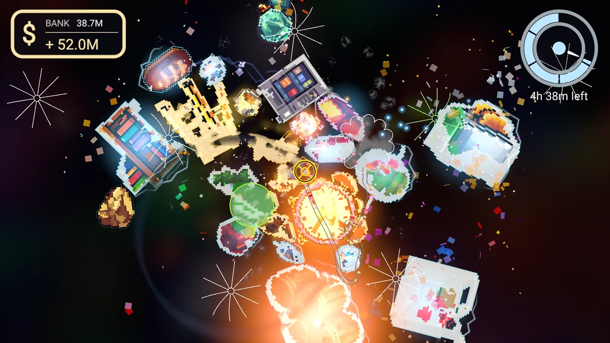 A late-game shift with fire, chain lightning and goo spreading across a packed floor