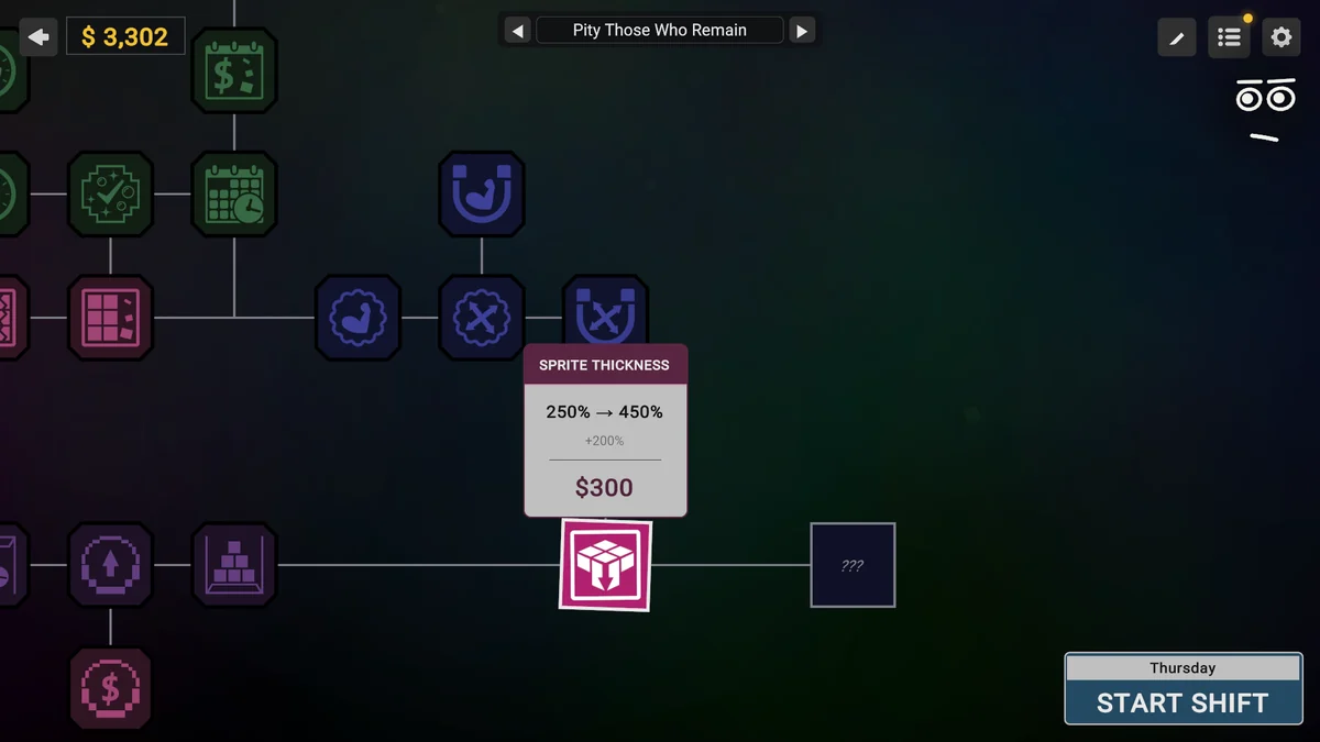 The upgrade tree, a sprawling grid of machines and stats to buy between shifts